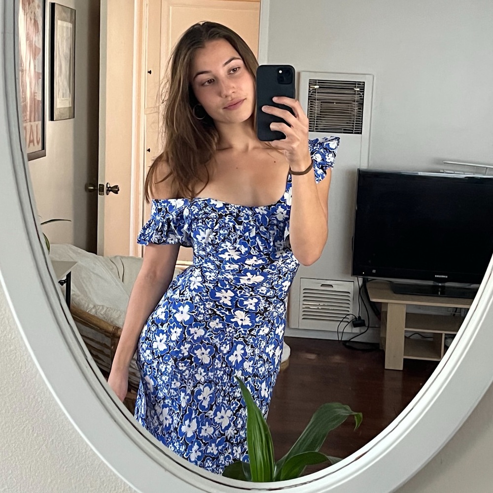 Realisation Par Blue and White Flutter Sleeve Sundress